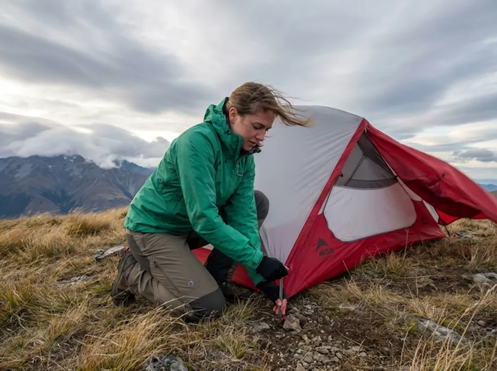 Hiker bracing against wind while re-staking tent guyline on exposed ridge