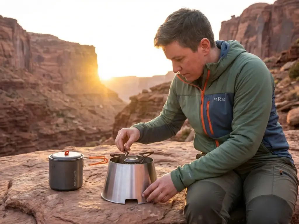 Hiker positioning windscreen with proper airflow gap around canister stove