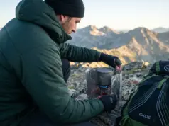 I Ran the Numbers on Windscreen Weight vs Fuel Saved Backpacker adjusting titanium windscreen around canister stove on alpine ridge