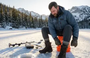 Can Your Winter Hiking Boots Handle Ice Fishing? I Tested It Hiker lacing insulated winter hiking boots on a frozen mountain lake before ice fishing
