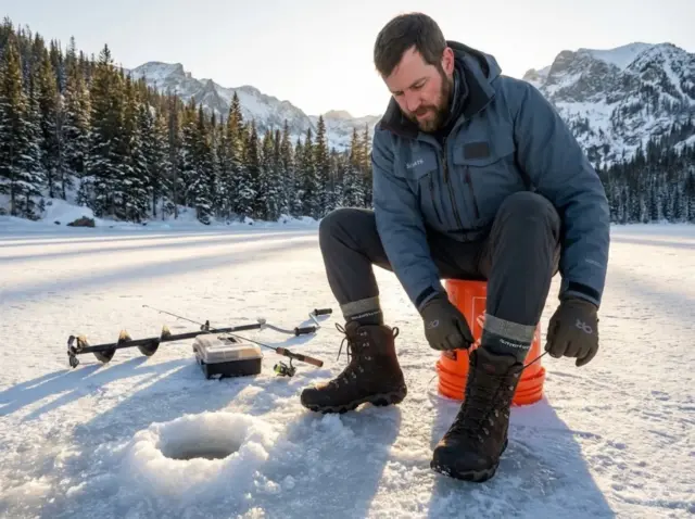 winter-hiking-boots-ice-fishing-crossover-test Hiker lacing insulated winter hiking boots on a frozen mountain lake before ice fishing