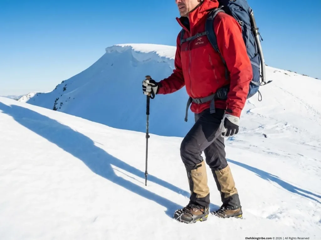 Hiker ascending snowy peak with Kahtoola MICROspikes, OR gaiters, and Arc'teryx jacket — complete winter traction kit 
