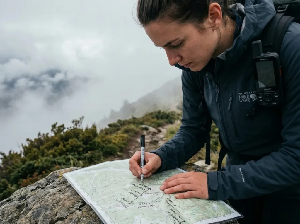 Hiker writing compass bearings on waterproofed map with marker on foggy ridge