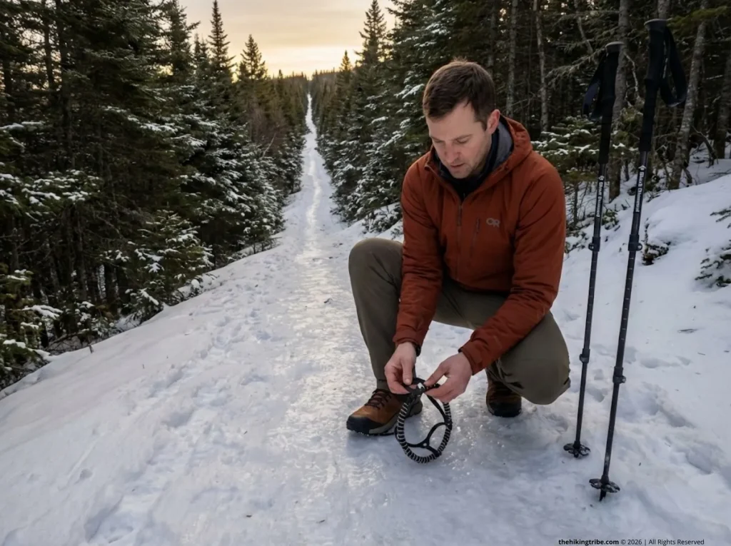 Hiker retrieving failed Yaktrax coil device on remote icy backcountry trail — traction device failure risk