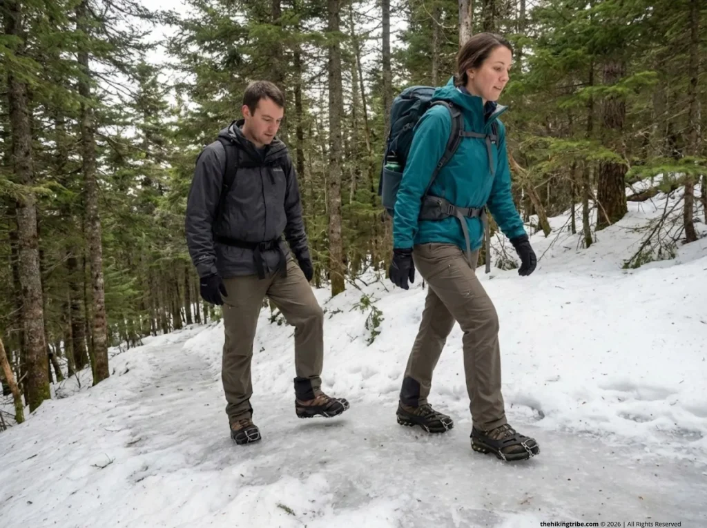 Two hikers on icy winter trail — Yaktrax vs Kahtoola MICROspikes spec comparison in real terrain