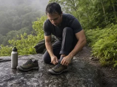 Hiking Shoes for Flat Feet Should Be Stiff Not Soft Hiking shoes for flat feet laced on a rock ledge, showing the stiff low-cut midfoot platform