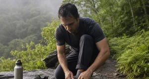 Hiking Shoes for Flat Feet Should Be Stiff Not Soft Hiking shoes for flat feet laced on a rock ledge, showing the stiff low-cut midfoot platform