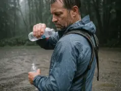 3 Rain Jacket Care Windows That Matter Most Hiker checking the shoulder of a rain jacket for water beading after a wet morning on the trail