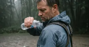 3 Rain Jacket Care Windows That Matter Most Hiker checking the shoulder of a rain jacket for water beading after a wet morning on the trail