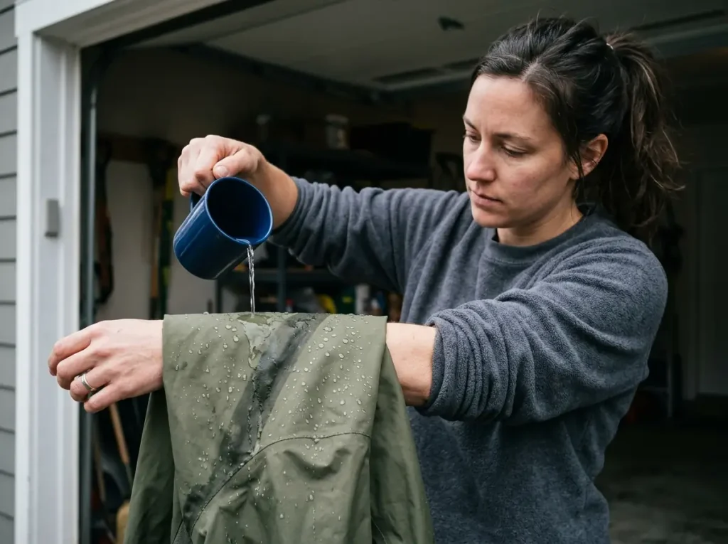 Hands sprinkling water on a rain jacket shoulder to run the bead test before a trip