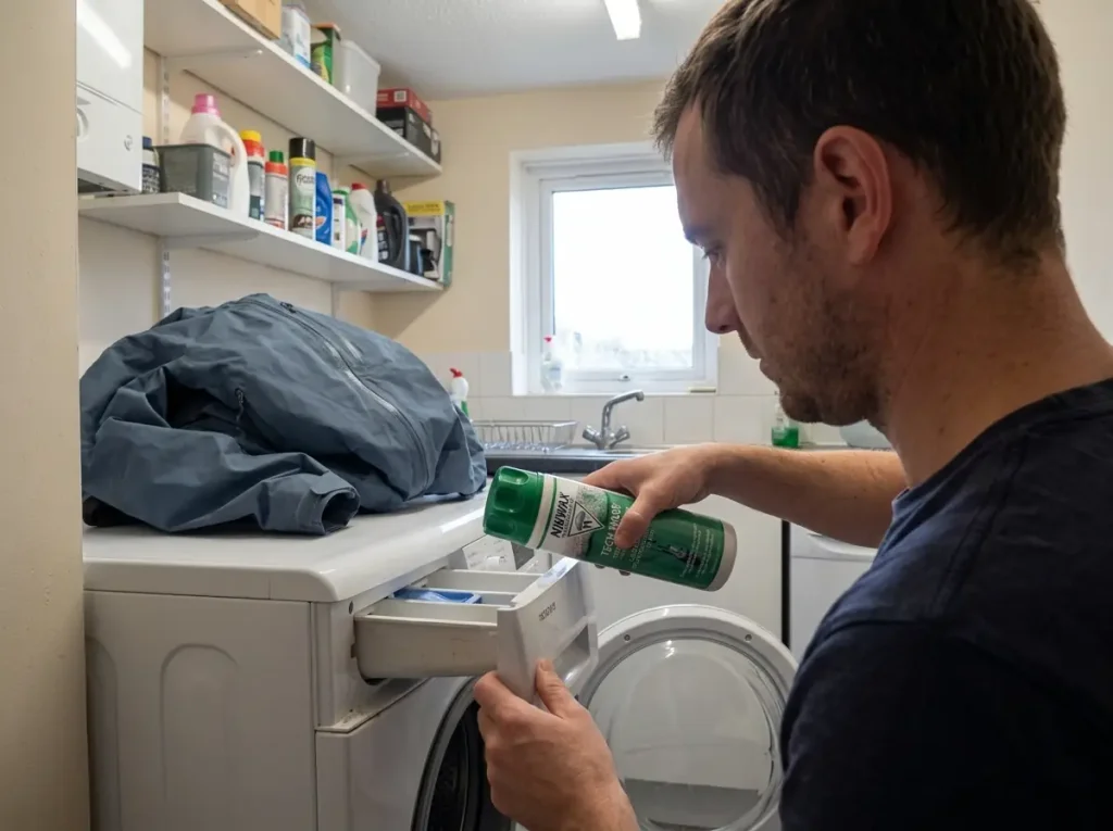 Pouring Nikwax Tech Wash into a washing machine drawer before washing a rain jacket