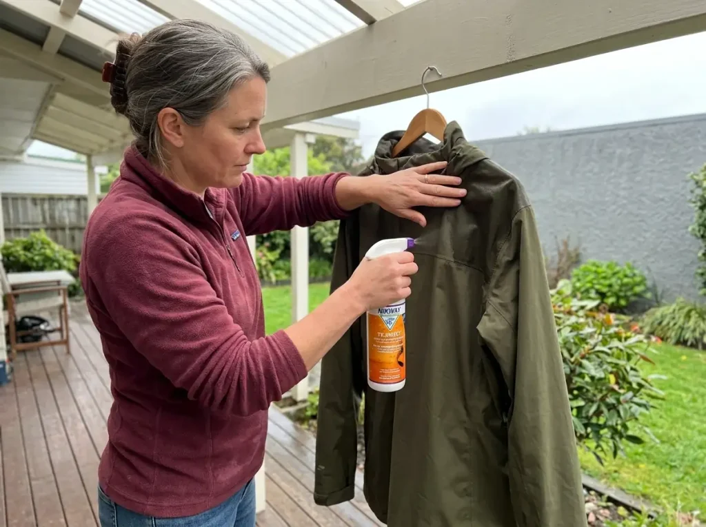 Spraying Nikwax TX.Direct on the shoulders of a rain jacket to reproof the high-wear zones