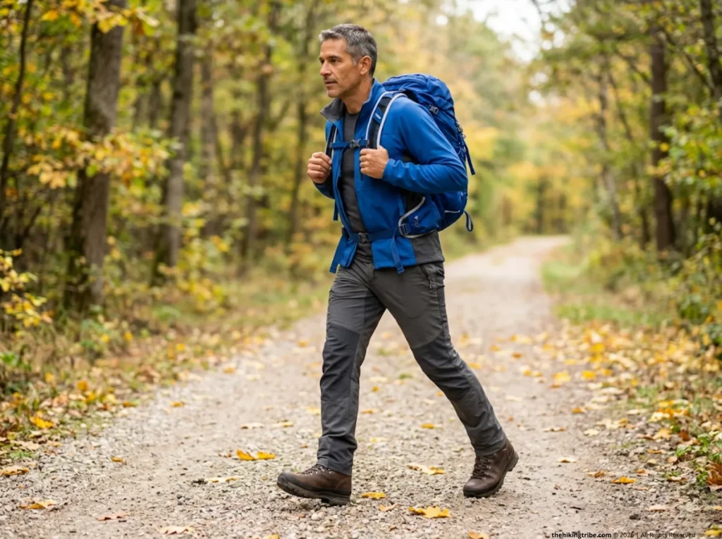 Male hiker on groomed trail with loaded daypack in phase 3 of the hiking boot break-in protocol — Hanwag leather boots
