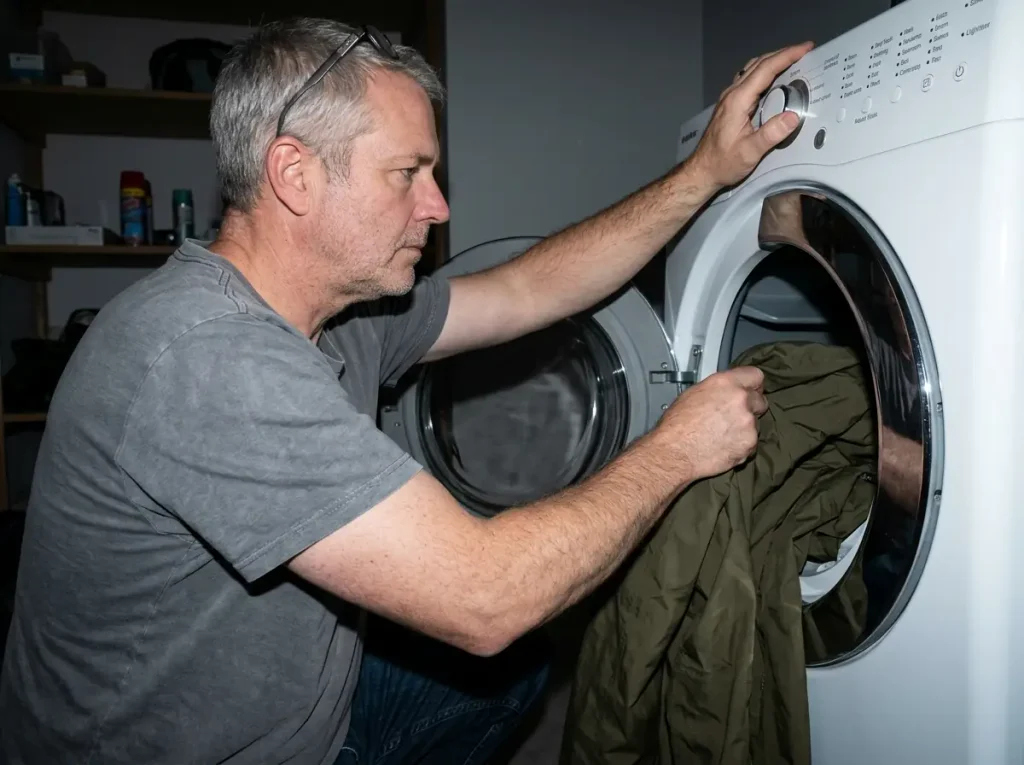 Loading a rain jacket into a tumble dryer on low heat to reactivate the DWR coating