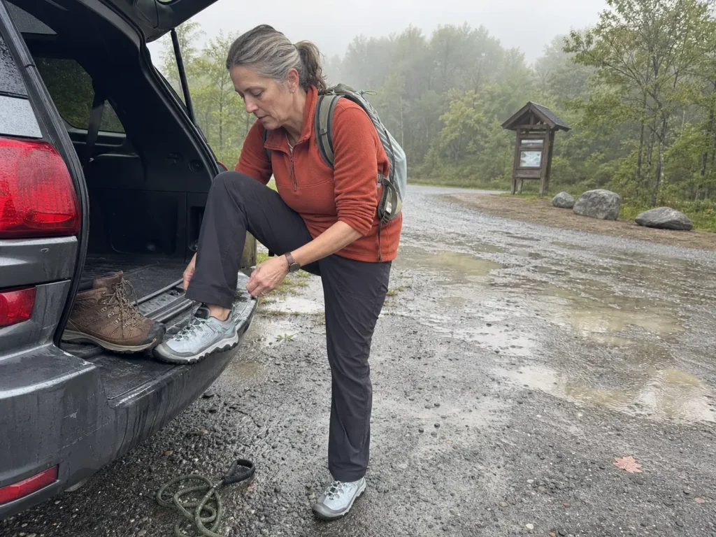 Low-cut hiking shoe and a mid-cut boot side by side at a wet trailhead, comparing ankle height