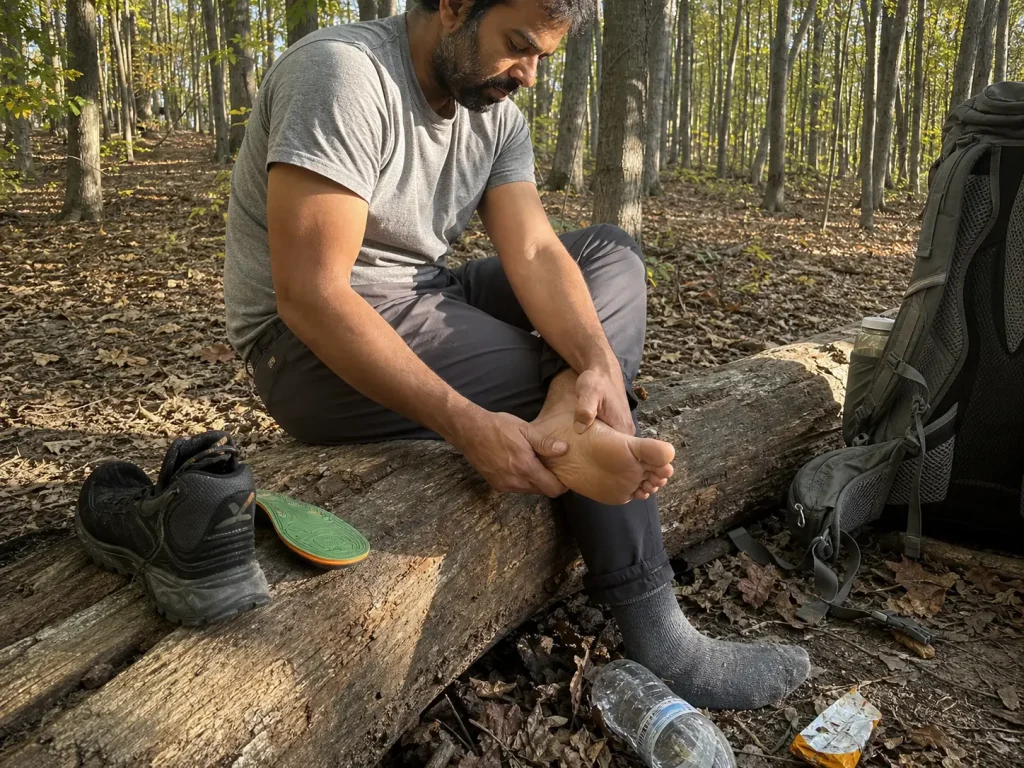 Hiker resting mid-trail rubbing an aching arch, with a support insole pulled from the shoe