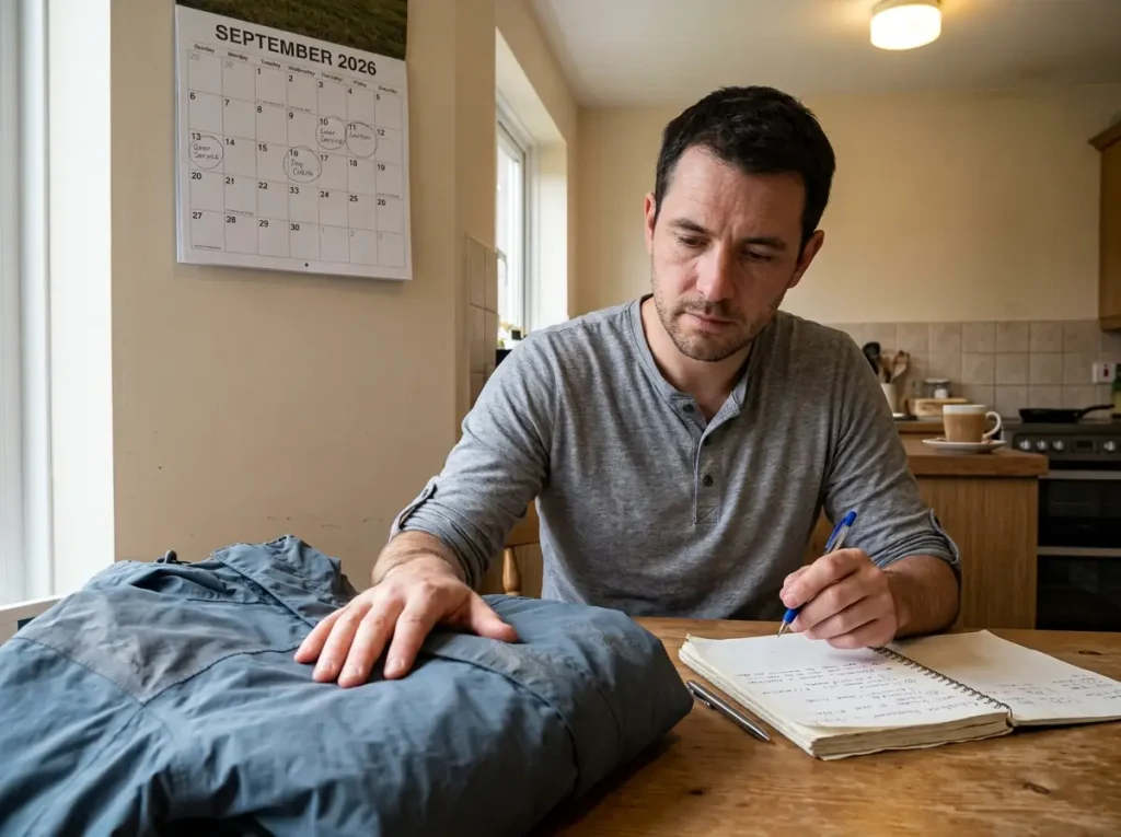 Hiker planning a rain jacket care schedule against a wall calendar before the wet season