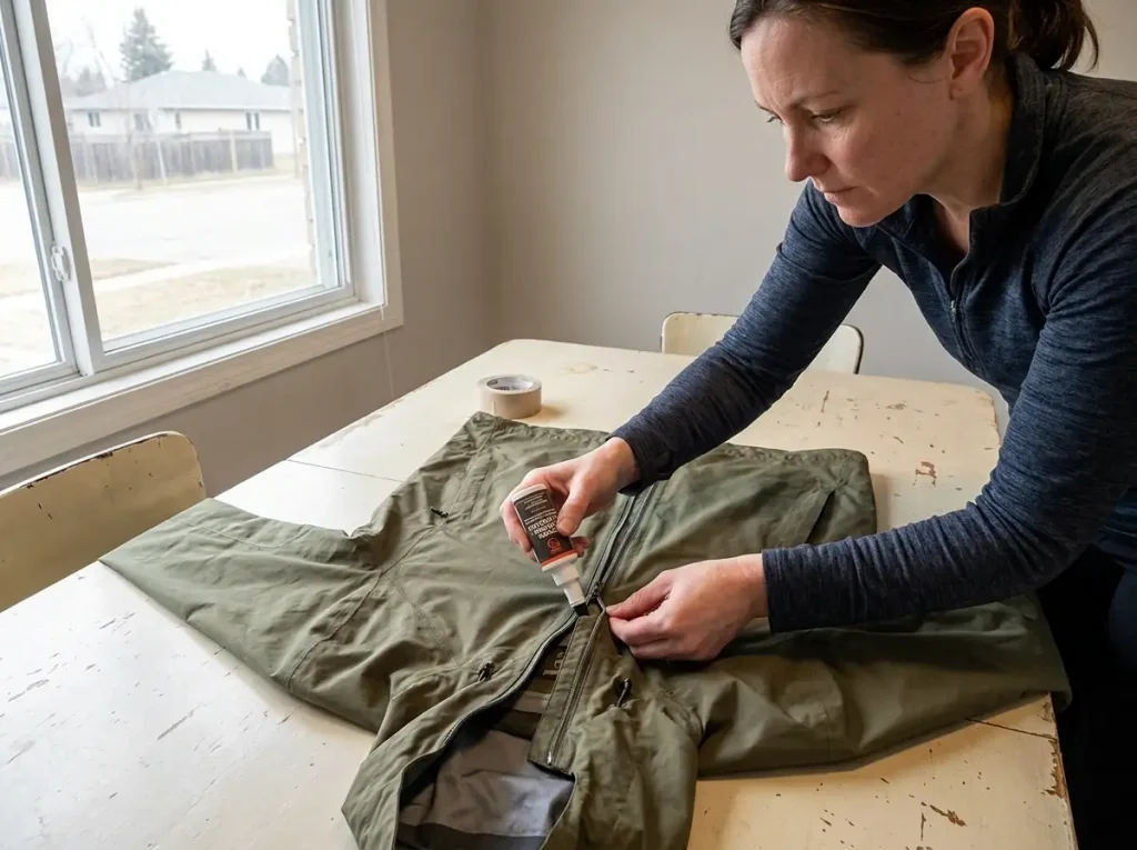 Cleaning and lubricating a rain jacket zipper with Gear Aid zipper lubricant during a gear service