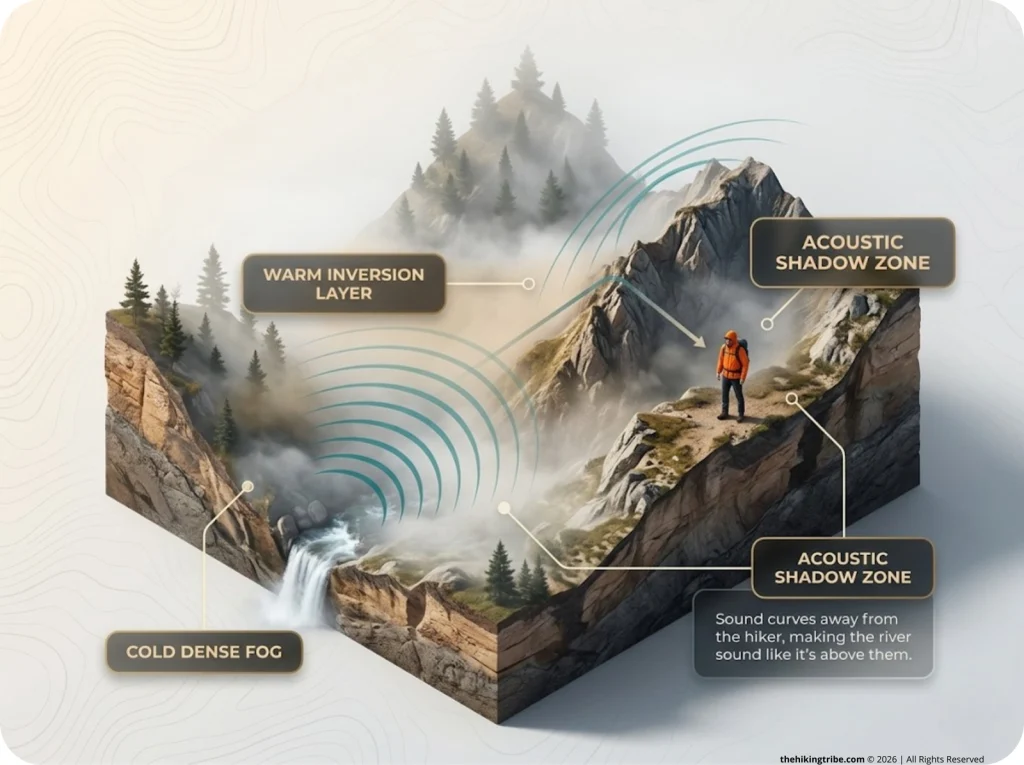 Infographic showing mountain acoustic shadow zones with temperature layers bending sound waves away from a hiker