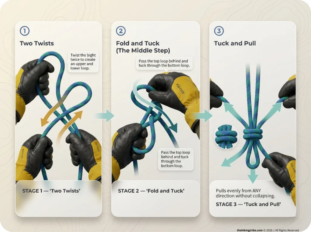 Infographic showing a 3-step sequence of tying the Alpine Butterfly knot highlighting multi-directional load loops