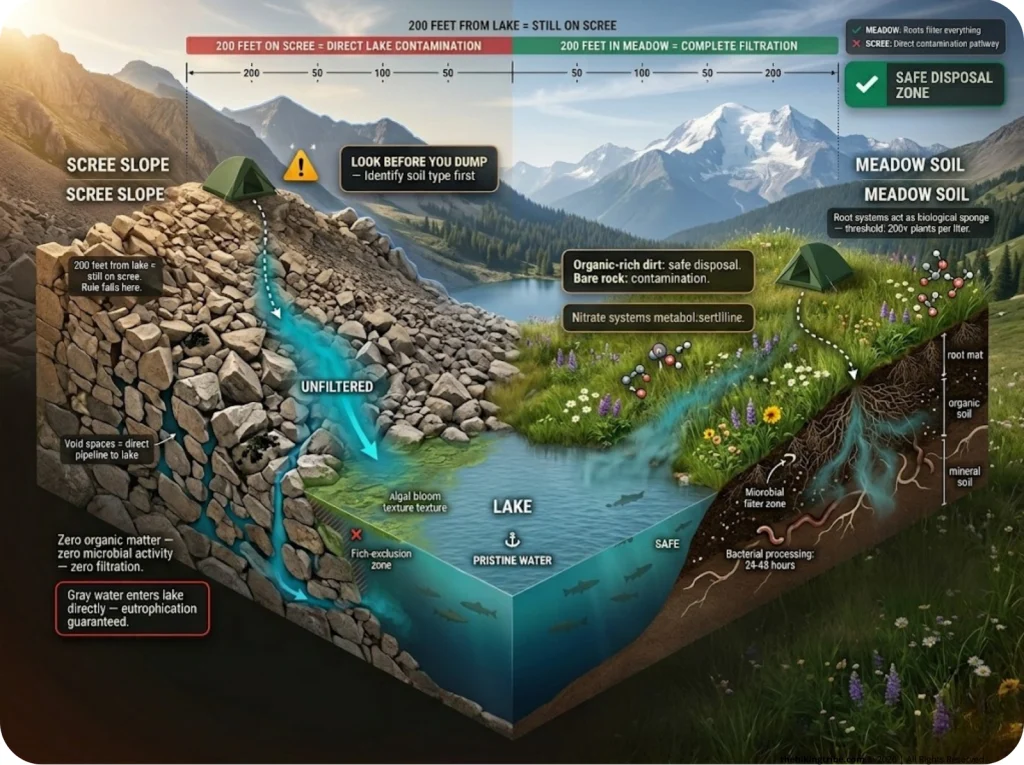 Infographic cross-section showing alpine lake shoreline with 200-foot buffer zones and nutrient absorption comparison