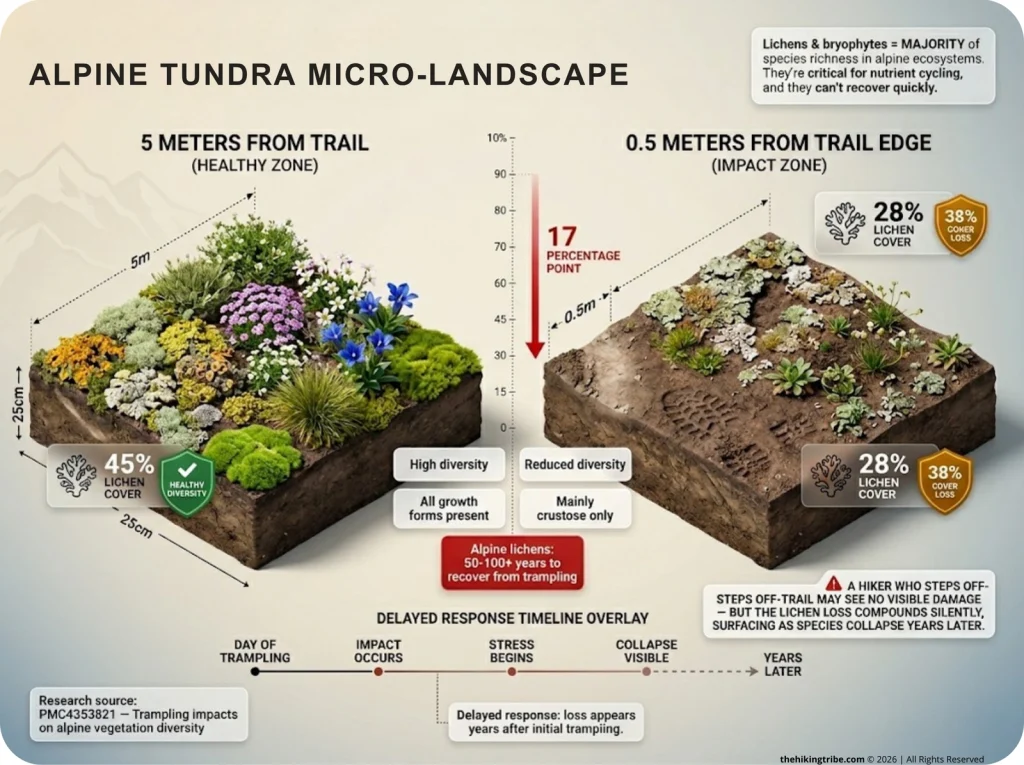Infographic comparing alpine lichen cover at 5m vs 0.5m from trail with delayed response timeline