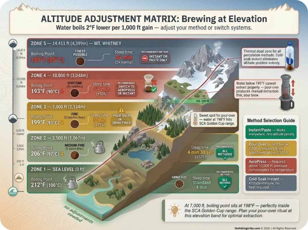 Infographic showing altitude brewing adjustments with elevation bands, boiling points, grind sizes, and method recommendations