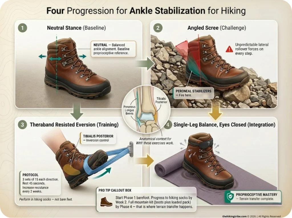 Infographic showing 4-stage ankle stabilization progression in hiking boots from flat ground to single-leg balance