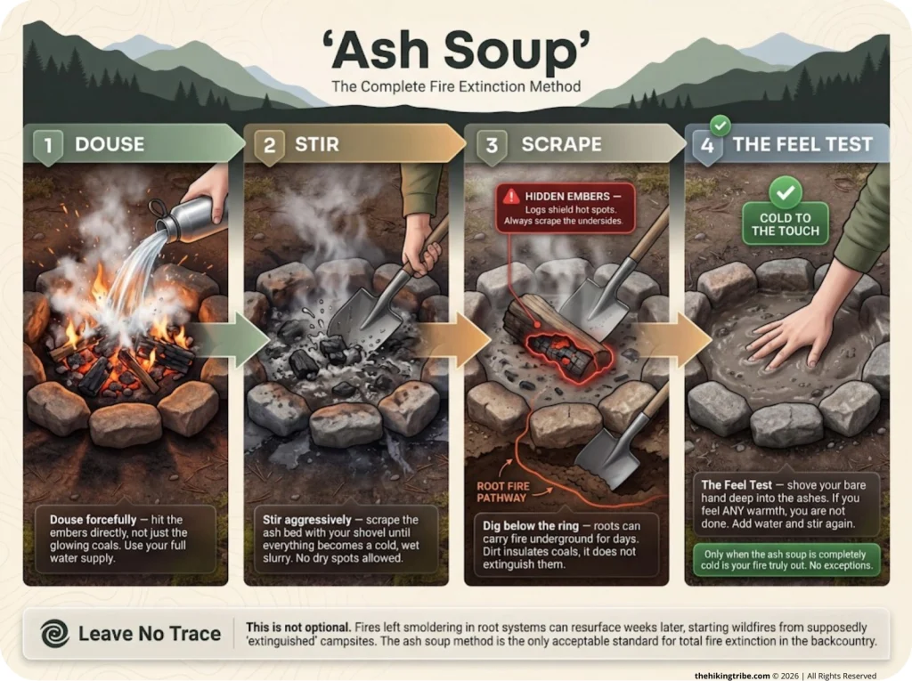 Infographic showing 4-step ash soup method for extinguishing campfires with labeled technique details