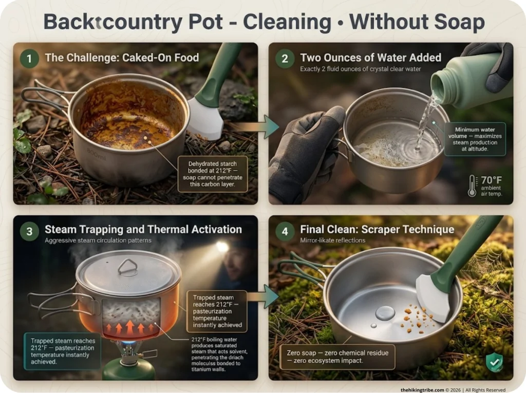 Infographic showing 4-panel backcountry pot cleaning sequence with thermal sanitation method and scraper technique