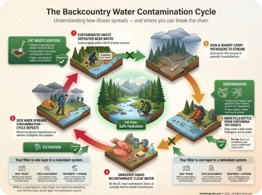 Infographic showing circular contamination cycle with intervention break points for hygiene and filtration