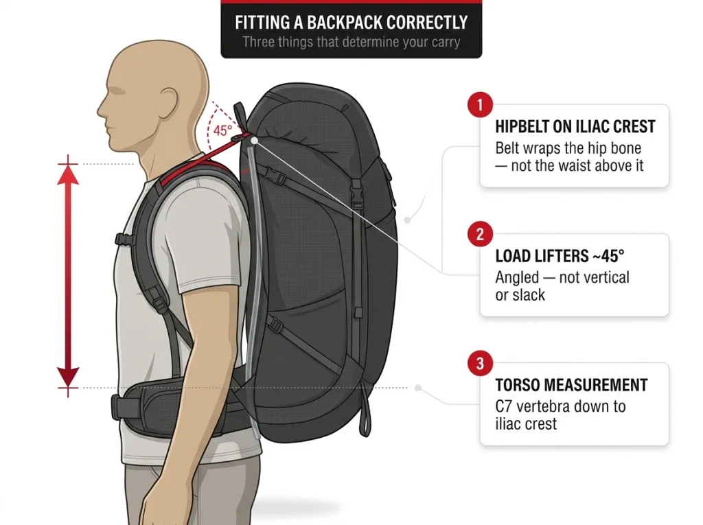 Annotated side-profile diagram of a fitted backpack showing hipbelt on iliac crest, load-lifter angle, and torso measurement line from C7 to iliac crest