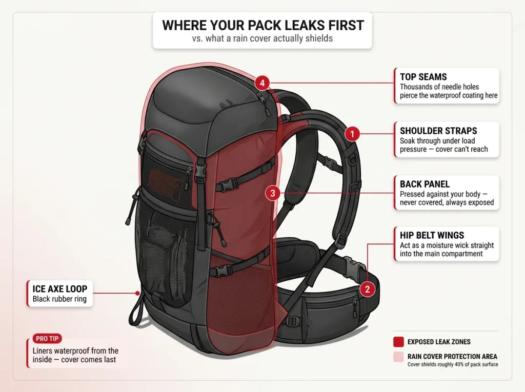 Infographic showing backpack leak zones — shoulder straps, hip belt, back panel, top seams — versus the limited area a rain cover actually protects.