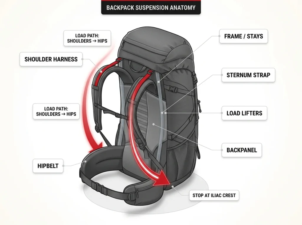 Anatomy diagram of a loaded internal-frame backpack showing six suspension components labeled with a load-path arrow from shoulders to iliac crest