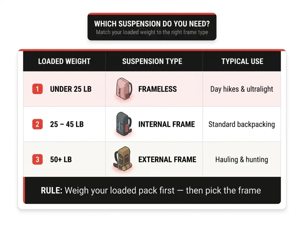 Decision matrix table matching loaded pack weight to suspension type with frameless under 25 lb, internal frame 25–45 lb, and external frame 50+ lb