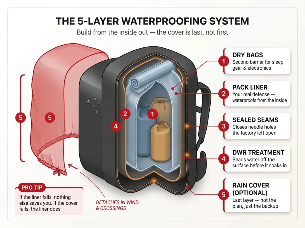 Infographic showing backpack waterproofing as 5 concentric layers — DWR, sealed seams, liner, dry bags, rain cover — numbered inside-out with the cover as a detachable outer shell.