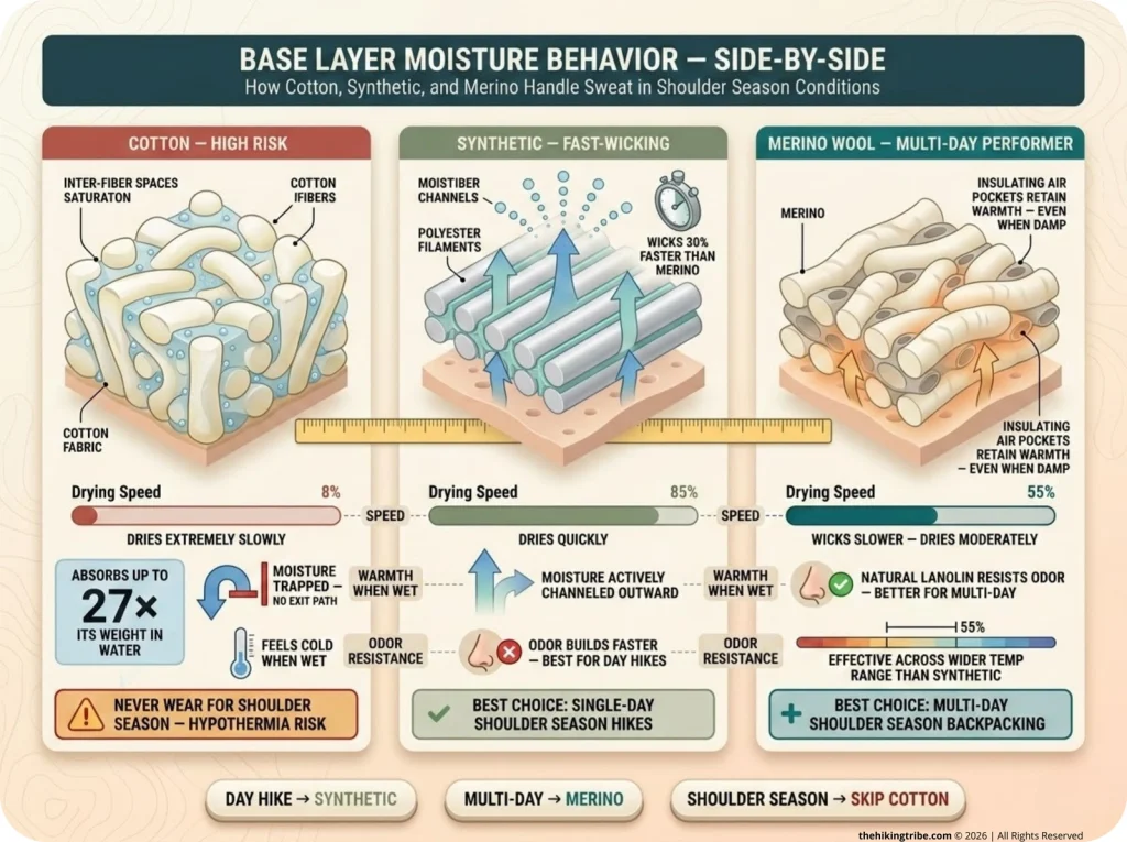 Infographic comparing cotton, synthetic, and merino base layers with directional moisture arrows, absorption data, and skin-contact cross-sections