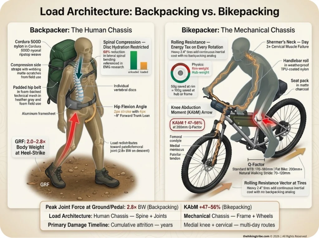 Infographic comparing backpacker and bikepacker biomechanics with GRF arrows, spinal compression, medial knee stress, and vibration paths