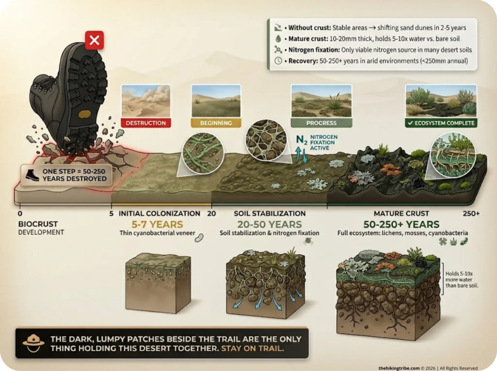 Infographic showing biocrust recovery timeline from 0-250+ years with growth phases and boot destruction icon