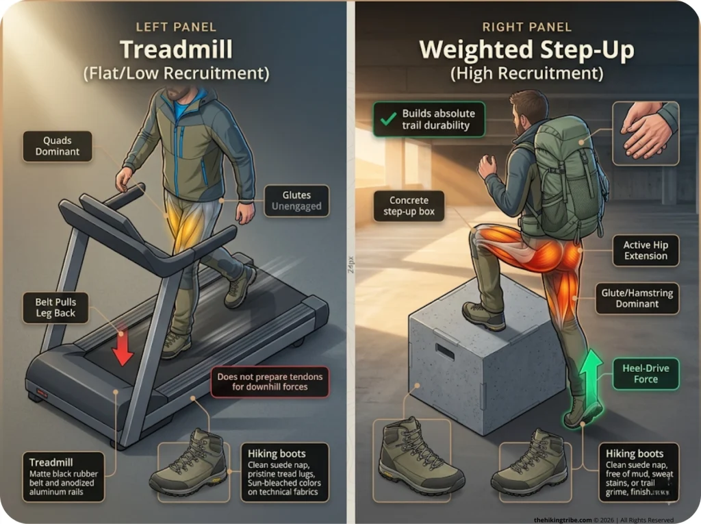 Infographic comparing flat treadmill walking biomechanics versus weighted step-up posterior chain activation for thru-hikers