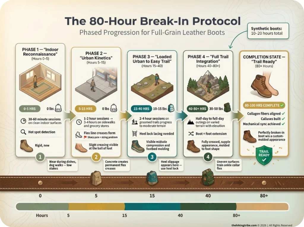 Infographic showing 5-phase hiking boot break-in timeline with hours, pack weights, and activity icons