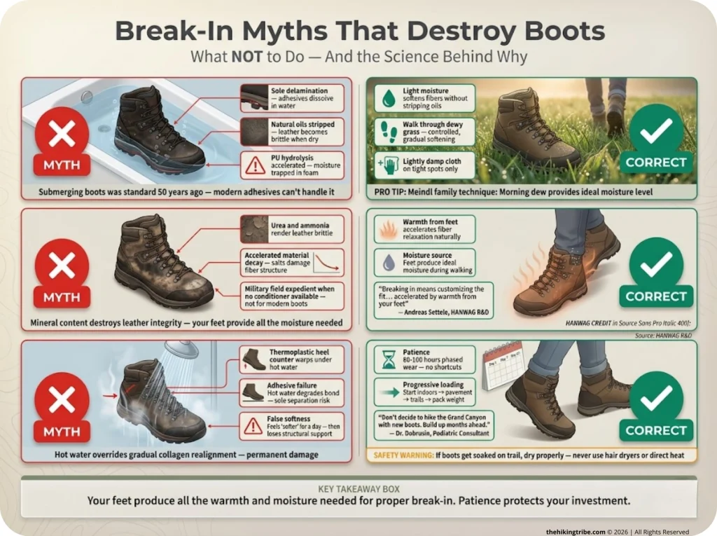Infographic showing3 boot break-in myths with damage consequences paired with correct alternative techniques