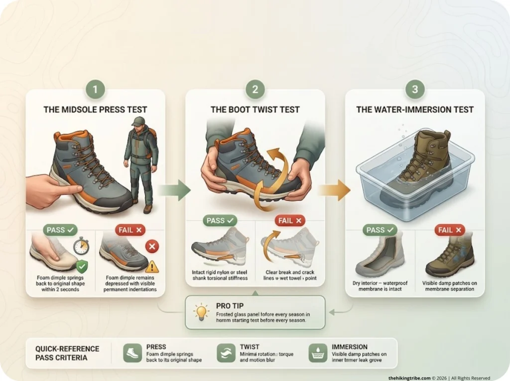 Infographic showing three boot diagnostic tests: Midsole Press, Twist Test, and Water Immersion with pass/fail indicators