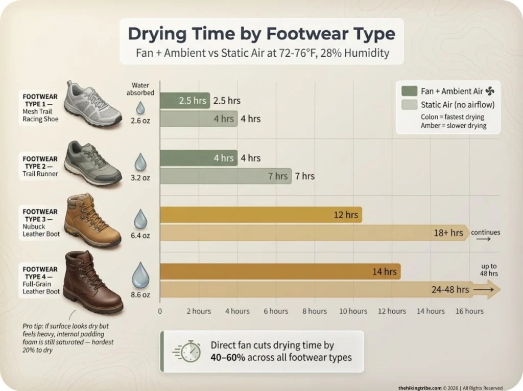 Infographic comparing drying times for four footwear types with fan vs static air conditions and water absorption weights