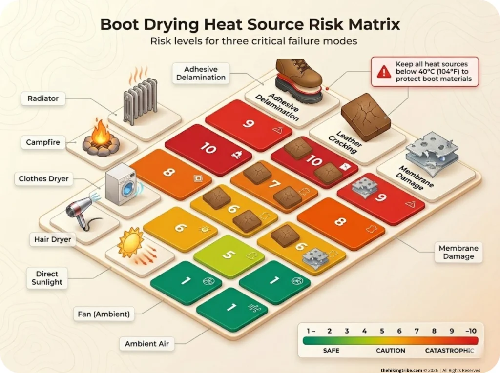 Infographic showing heat source risk matrix for drying hiking boots with color-coded damage levels for adhesives, leather, and membranes