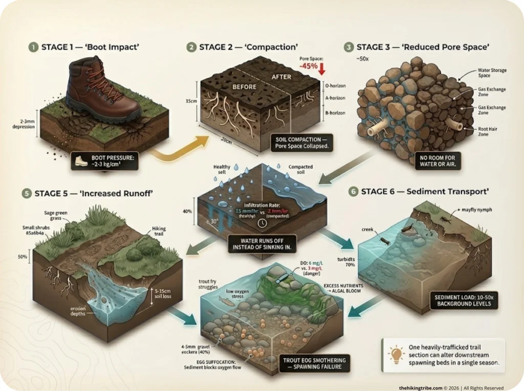 Infographic showing soil compaction cascade from boot impact to aquatic contamination with flow arrows and metrics
