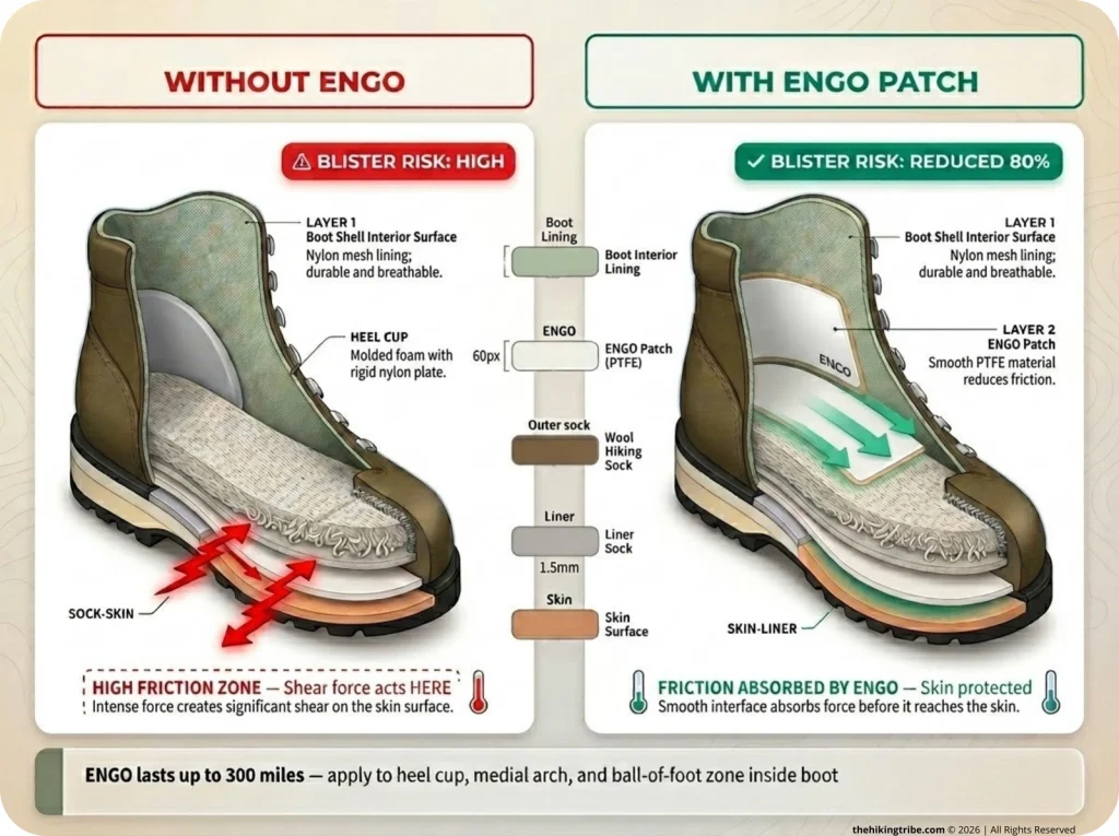 Infographic showing boot interior cross-section with and without ENGO patch, labeling friction zones across boot shell, sock, liner, and skin layers