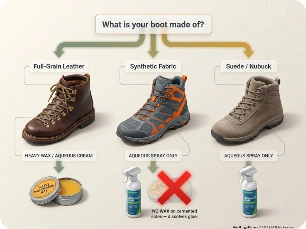 Flowchart infographic showing hiking boot material identification and the correct waterproofing treatment paths for leather, synthetic, and suede