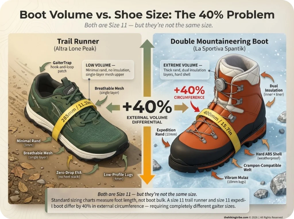 Infographic comparing trail runner vs double boot external volume with labeled circumference measurements and component annotations