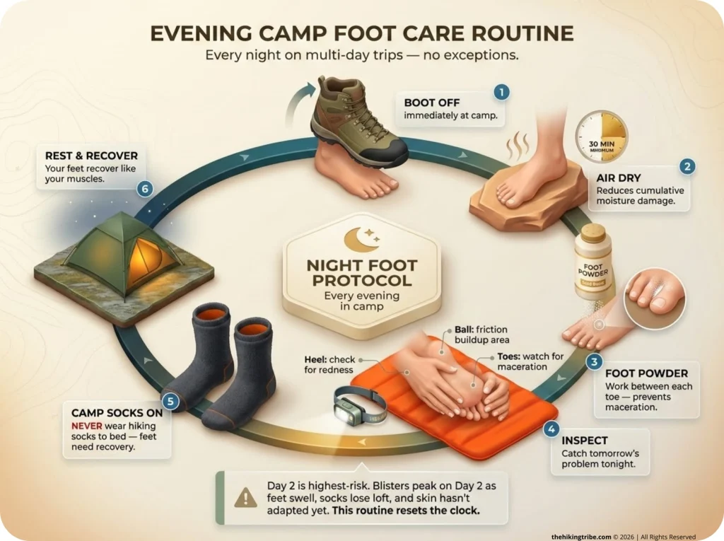 Circular infographic showing 6-step evening camp foot care routine: boot removal, air drying, powder, inspection, camp socks, and sleep